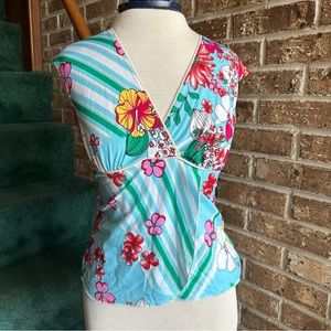 VTG Y2K 2000s Bright Colorful Hawaiian Floral V-neck Sleeveless Babydoll Blouse